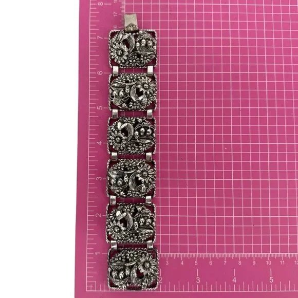 Vintage Sarah Coventry Floral SilverTone Panel Bracelet Antique Garden Sunflower - Picture 7 of 13